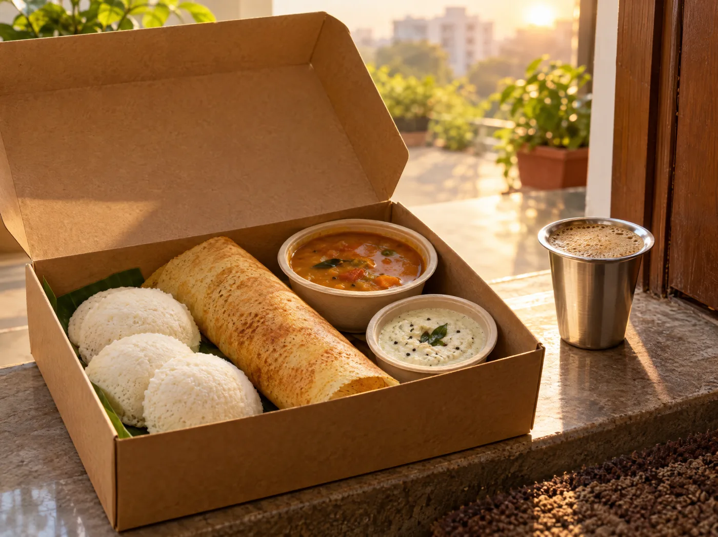 A fresh South Indian breakfast of idli, dosa, chutney and filter coffee delivered at a doorstep